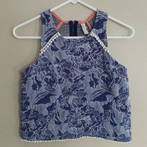 Chambray textured floral print crop top blue sz s